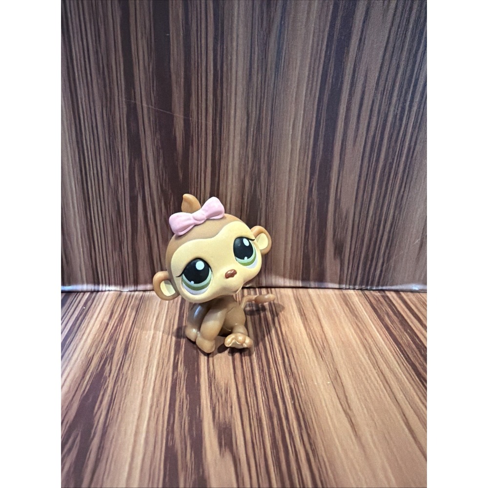 Authentic Littlest Pet Shop Monkey #216 Hasbro LPS Baby Pink Bow Green Eyes Sit